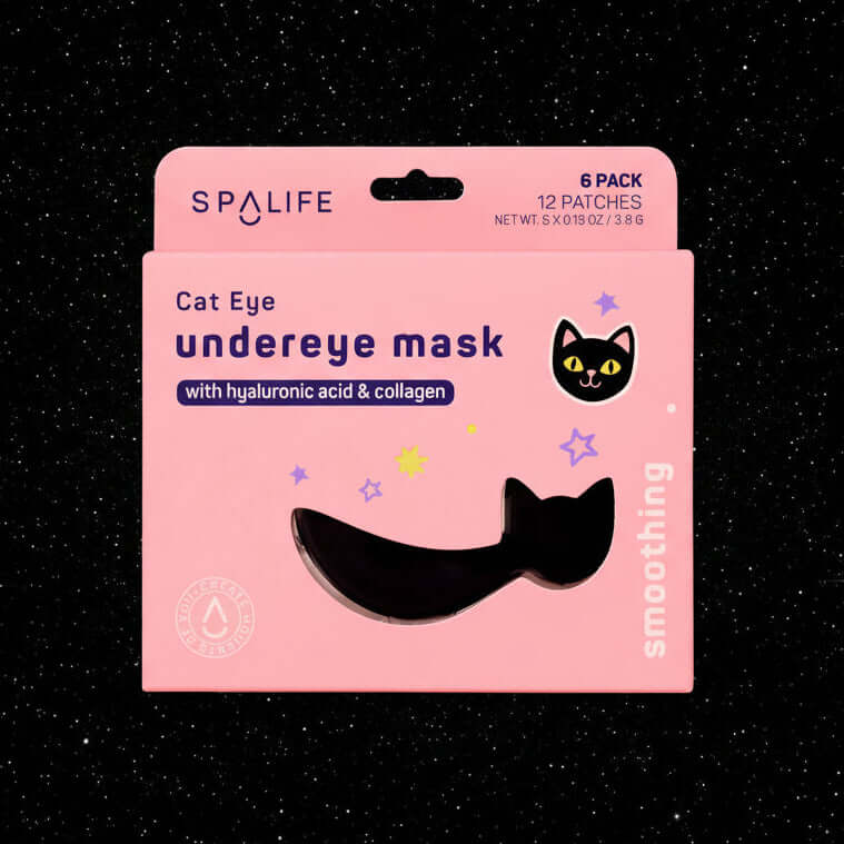 CAT EYE UNDEREYE MASKS by SpaLife packaging featuring smooth, hydrating cat-shaped patches with hyaluronic acid.