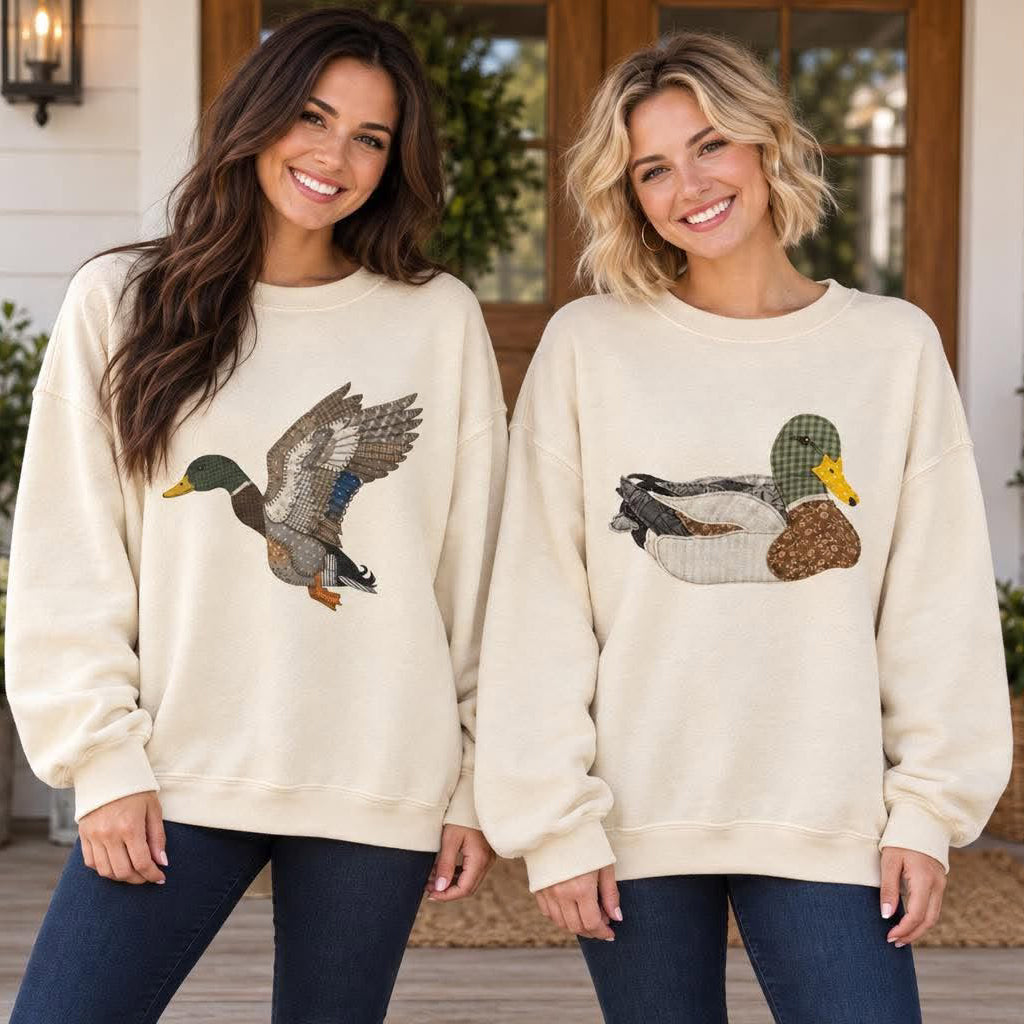 MALLARD MOMENTS (2 STYLES) crewnecks featuring duck designs on women, perfect for casual outings and cool mornings.