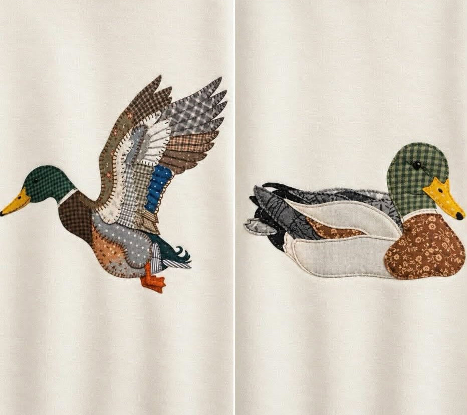 MALLARD MOMENTS (2 STYLES) featuring stitched duck designs: In Flight and Sitting Duck on a crewneck.