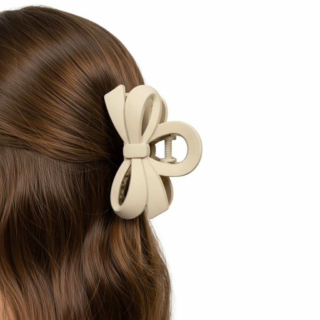 DAILY DARLING BOW HAIR CLIP (6 colors) in a stylish beige color on brown hair, perfect for everyday wear.