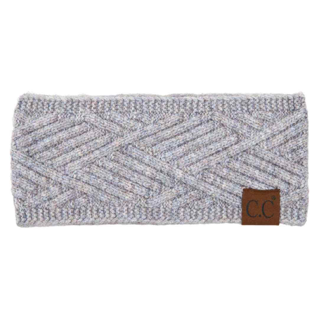 C.C. Riley CrissCross Head Wrap in soft grey with a stylish pattern, perfect for winter warmth and fashion.