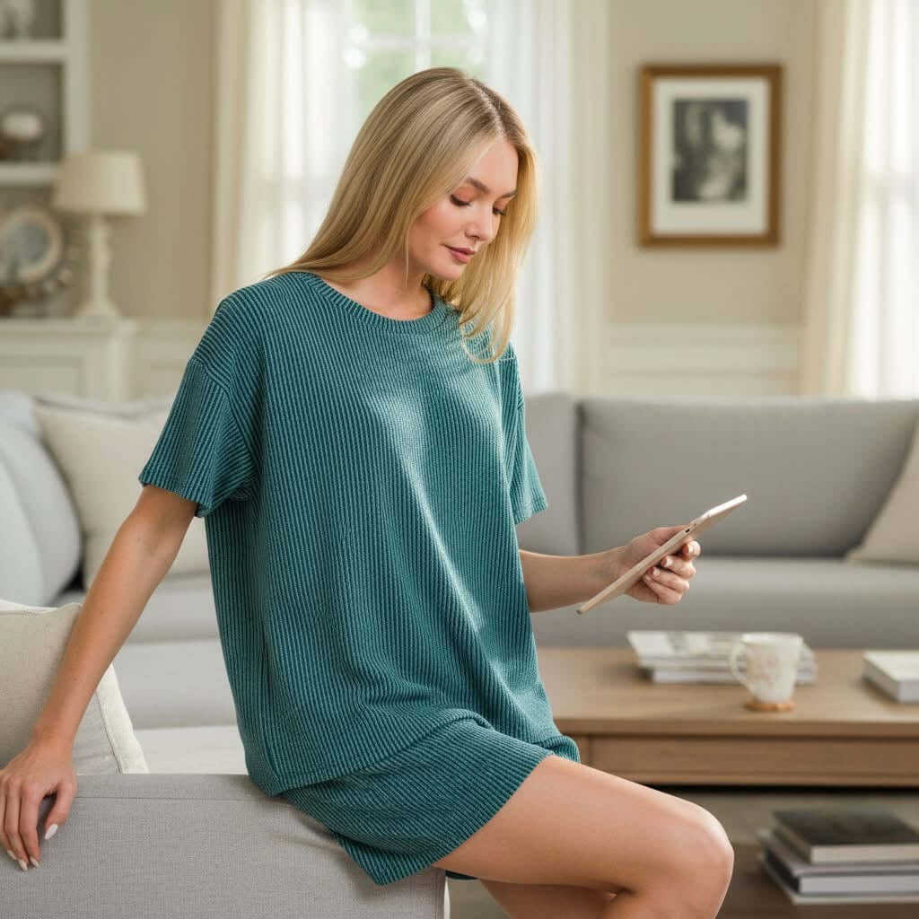 Model wearing CHILL MODE SHORTS SET (teal), featuring a cozy raised rib short sleeve tee and matching shorts.