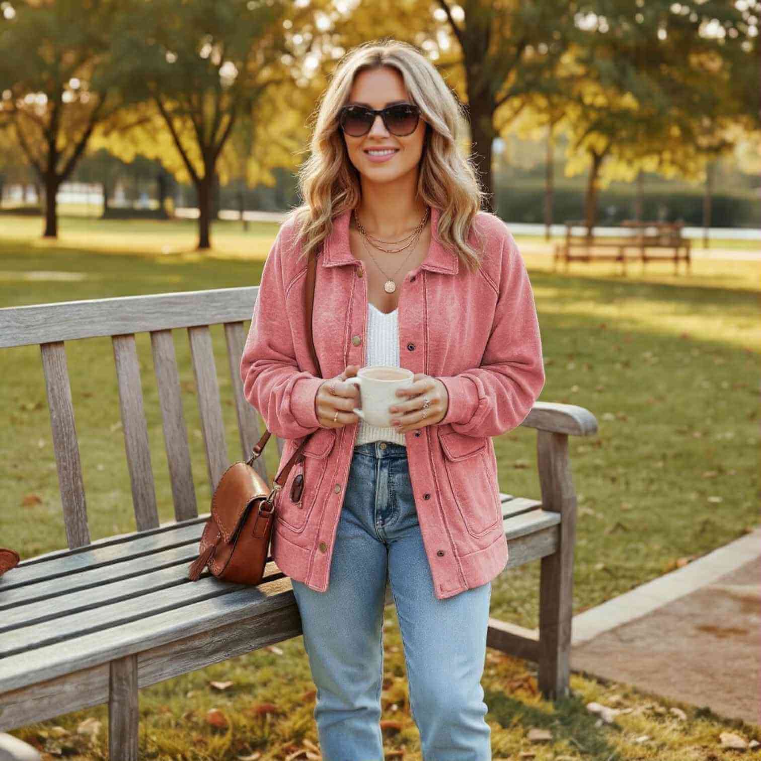Woman wearing SUNKISSED STYLE JACKET in a park holding a coffee, showcasing a cozy autumn outfit.