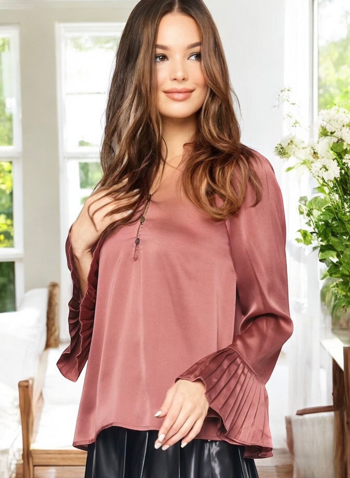Graceful Elegance blouse from Entro in mulberry color, featuring pleated bell cuffs and ruffle detailing.