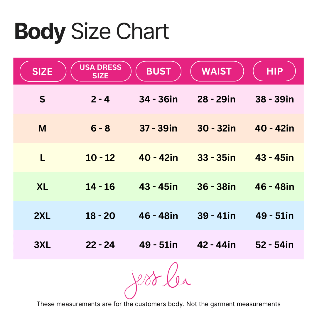 Body size chart for Jess Lea dresses, showcasing sizes S to 3XL with measurements for bust, waist, and hip.