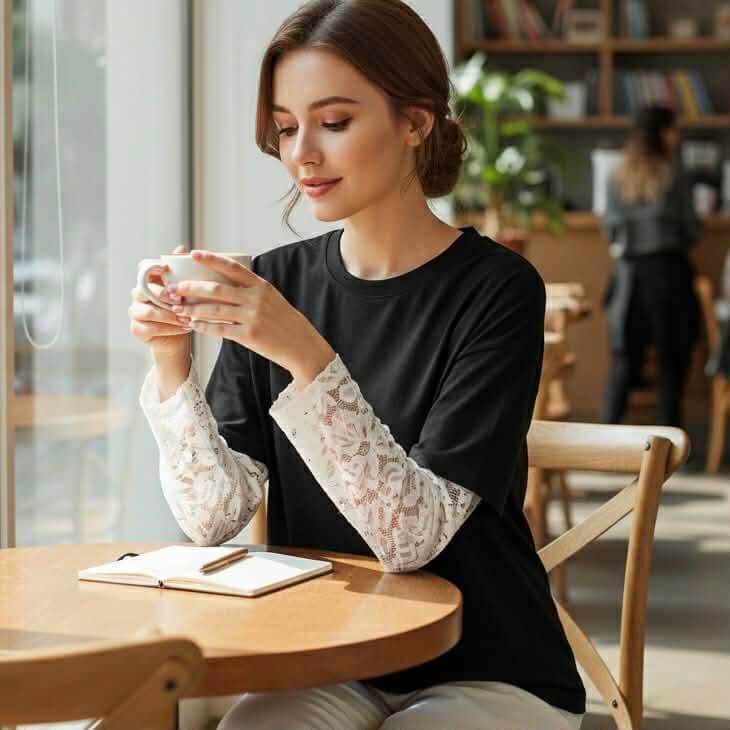A woman enjoying a coffee while wearing the COFFEE & CREAM TOP black tee with lace long sleeves.