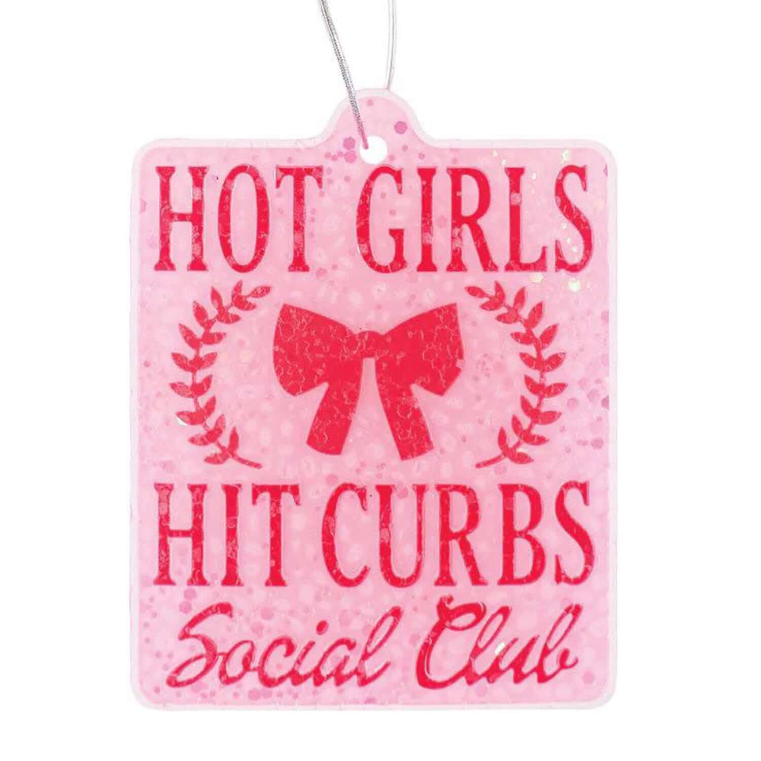 Simply Southern Freshiez air freshener in pink with 'Hot Girls Hit Curbs Social Club' design and bow.