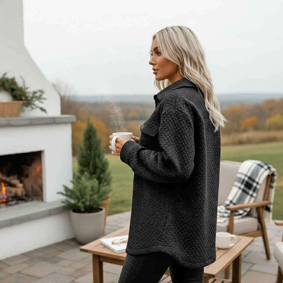 WARM IMPRESSIONS BUTTON DOWN shacket in black, styled outdoors with a coffee cup, perfect for cozy settings.