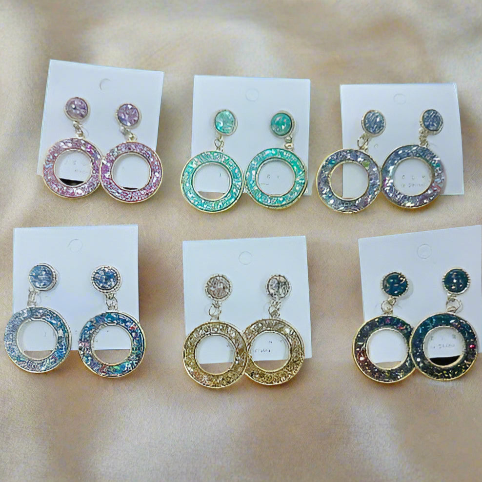 Colorful Confetti Dazzle Earrings display in six styles: pink, mint, black, violet, gold, and lavender.