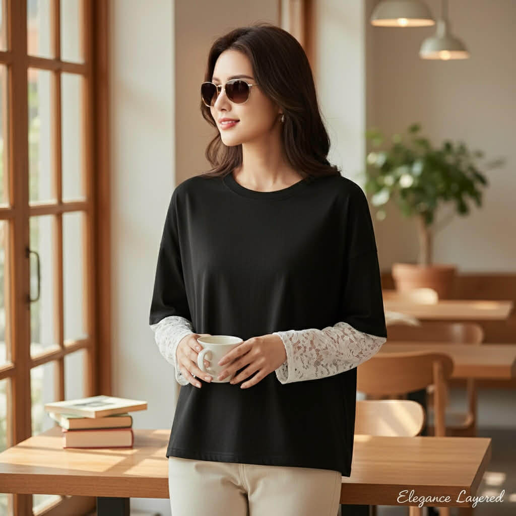 COFFEE & CREAM TOP black tee with lace long sleeve inserts, perfect for casual wear and coffee dates.