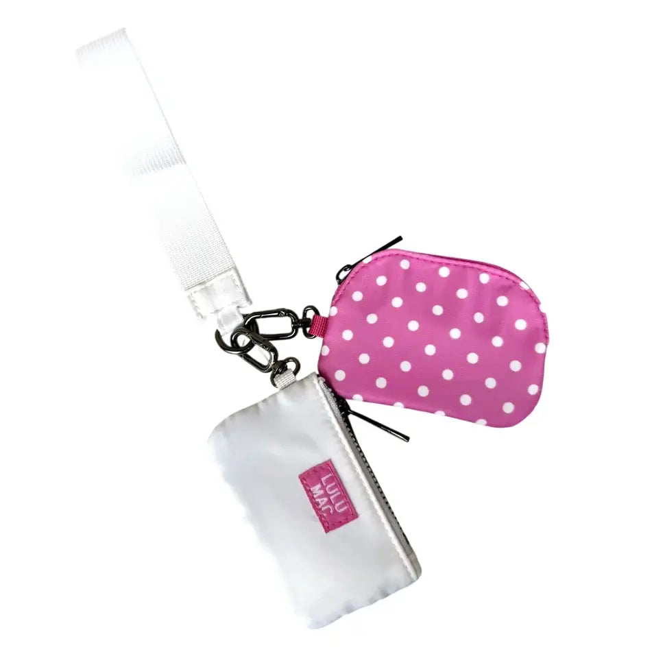 LULU MAC DOUBLE WRISTLET - Hot Pink / Polka Dots stylish double pouch wristlet featuring vibrant hot pink and polka dot design.