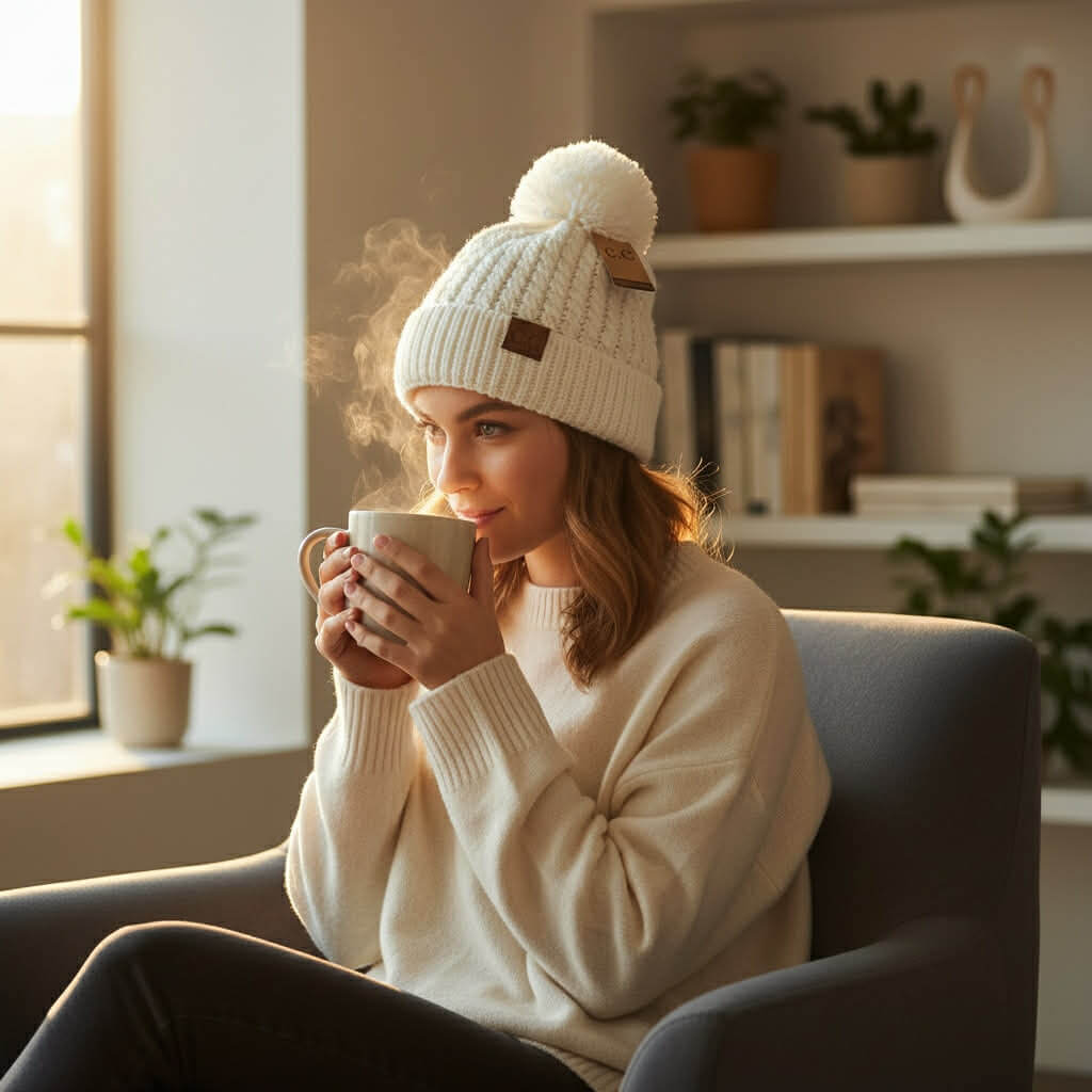 Woman wearing KNITTY GRITTY BEANIE by C.C. (cream) while enjoying a warm drink in a cozy setting.