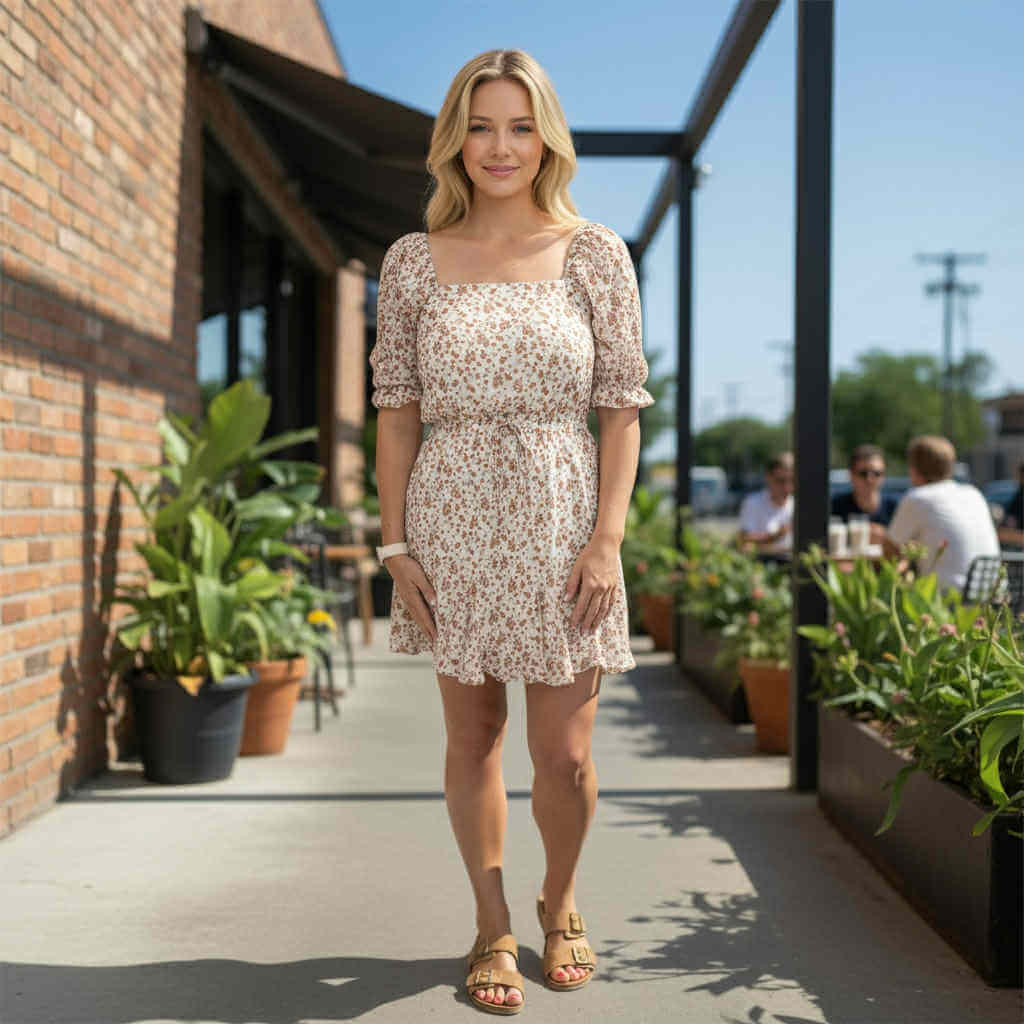 A model wearing RUSTIC GRACE by Trixxi, showcasing the soft orange floral mini dress with puff sleeves in a sunny outdoor setting.