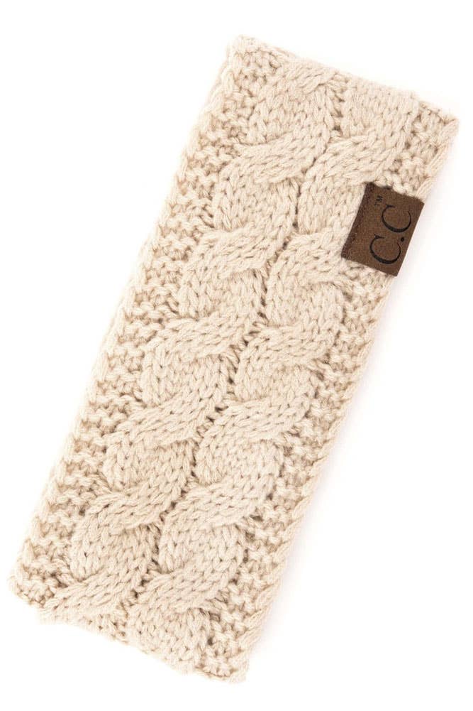 C.C Sherpa Lined Cable Knit Headband in cream color, ultra-soft acrylic fabric, stylish and warm accessory.