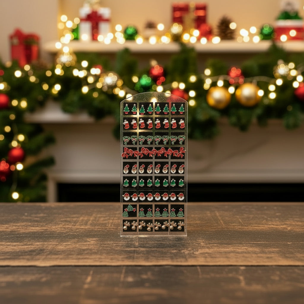 Christmas Post Earrings with Display Stand showing 36 pairs of festive holiday-themed earrings.