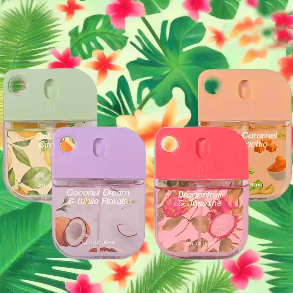 WISH Hand Sanitizer in 4 scents: Coconut Cream, Dragonfruit, Caramel Pistachio, and more, surrounded by tropical leaves.