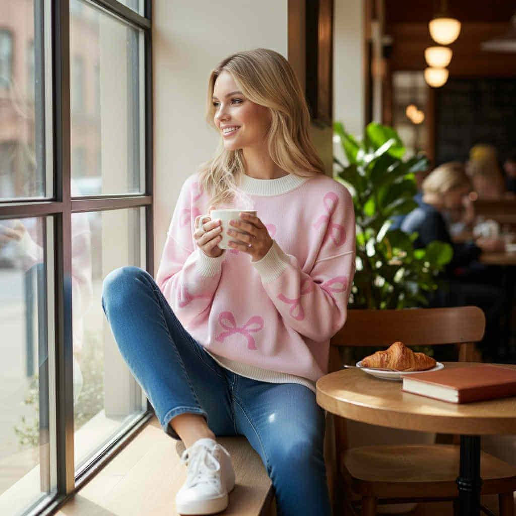 Model wearing KNOT OVER YOU SWEATER with pink bow print, sitting by the window with a coffee and a croissant.