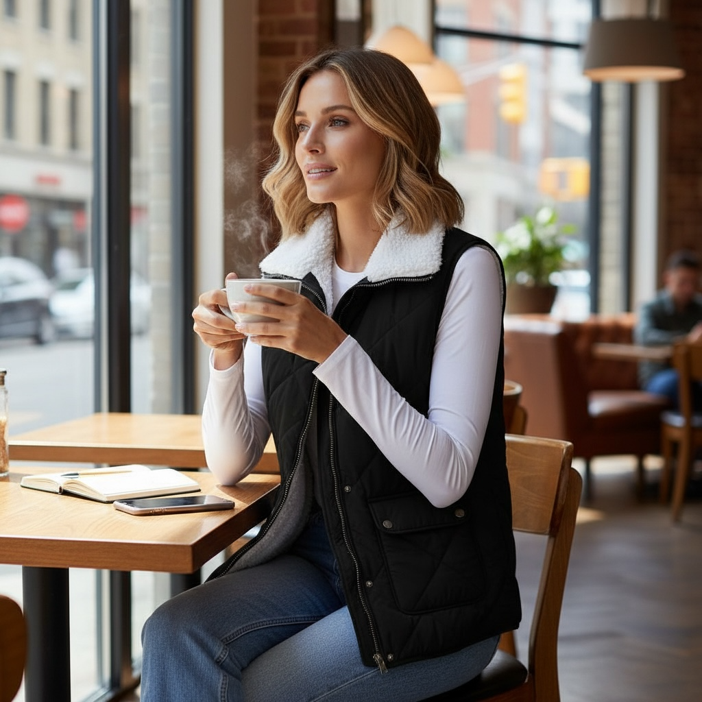 Woman wearing REVERSIBLE RETREAT VEST (black) while enjoying coffee in a cozy cafe setting.