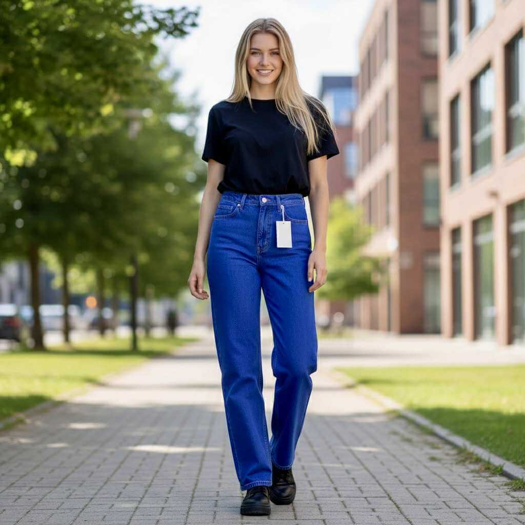 A model wearing LILA HIGH RISE DAD JEANS with a black t-shirt in an outdoor setting on a sunny day.
