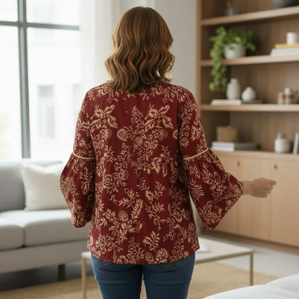 Back view of a woman wearing the TIMeless CHARM - Umgee (burgundy) floral top in a stylish home setting.