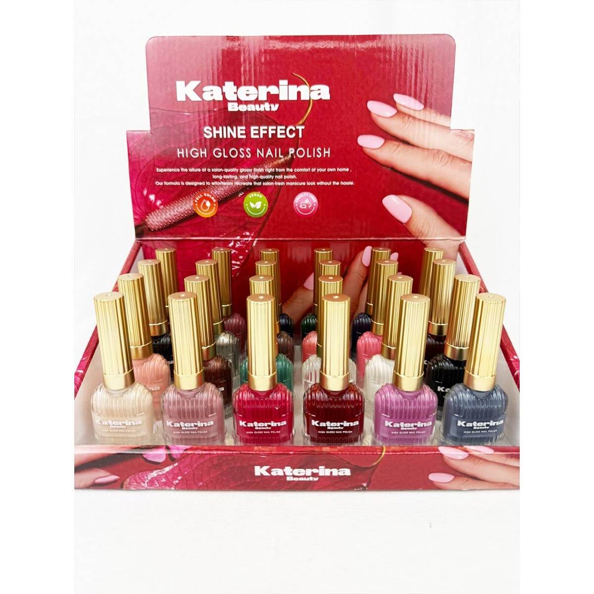 Katerina Shine Effect quick dry nail polish display with vibrant colors for glossy salon-quality nails at home.