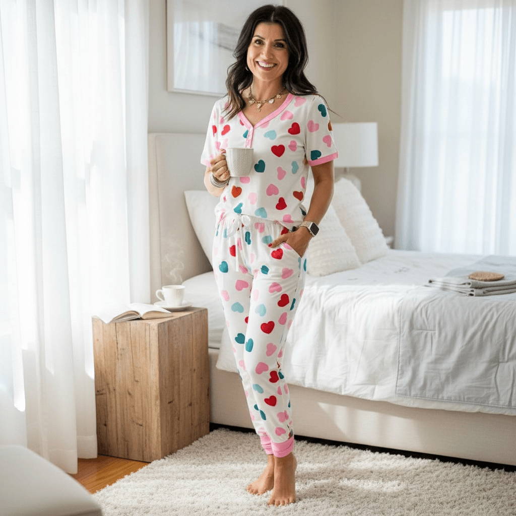 Woman wearing SWEET TALK PAJAMAS by Shirley & Stone with multicolor heart print, enjoying coffee in a cozy bedroom.