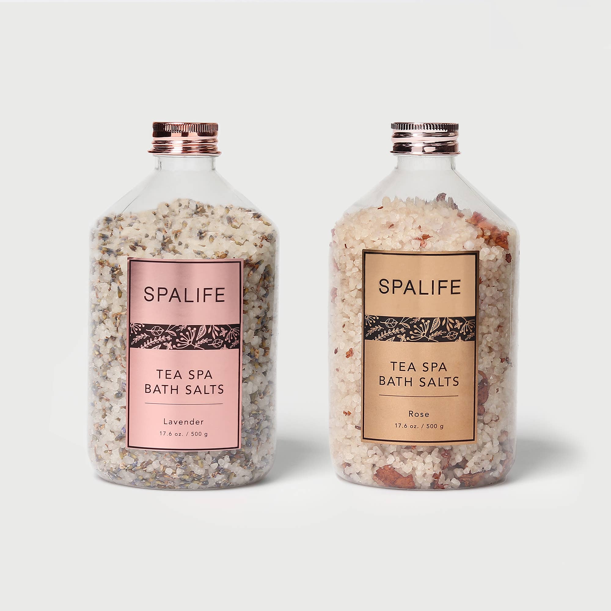 Petal-Infused Effervescent Mineral Bath Salts (Duo Pack) in lavender and rose jars for soothing aromatherapy.
