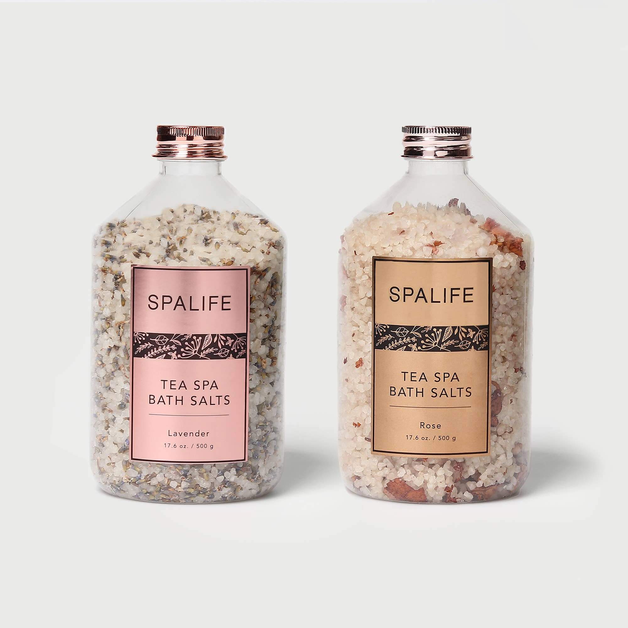 SpaLife Petal-Infused Bath Salts (2 SCENTS) in Lavender and Rose jars, perfect for a relaxing bath experience.