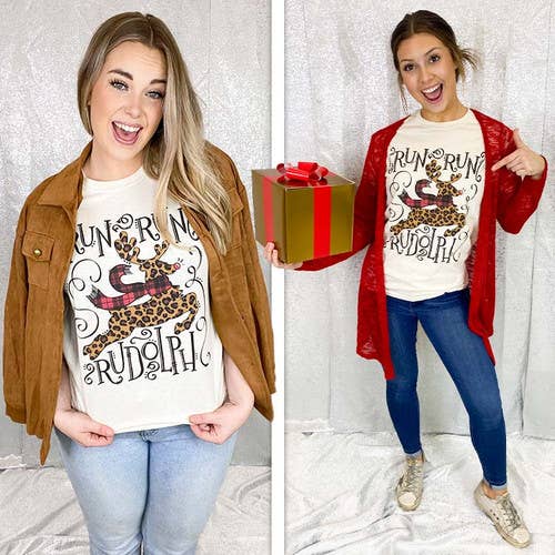 Two models wearing Run Run Rudolph Christmas T-shirt, styled with a cardigan and holding a gift, festive holiday look.