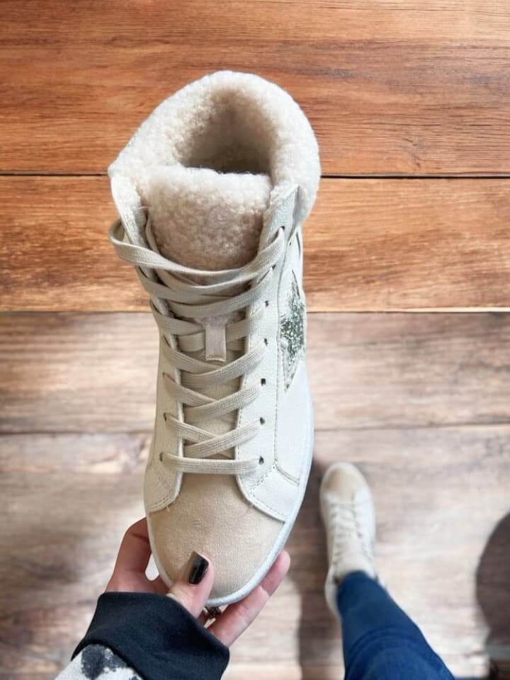 Top view of VERY G Star Bright Sneaker in cream with glitter star and sherpa lining.