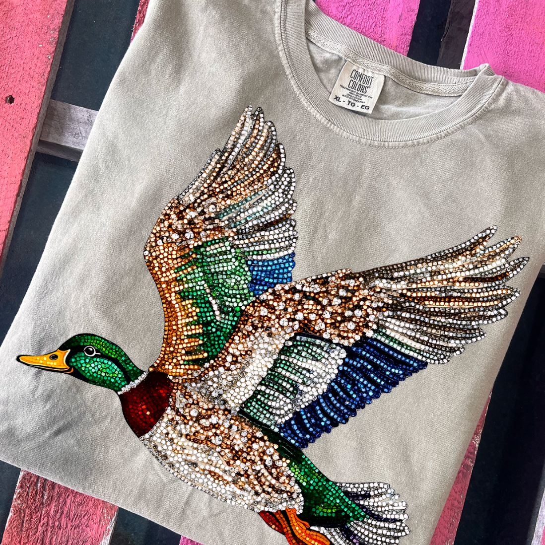 Faux Rhinestone Mallard Duck Sweatshirts & T-Shirts with detailed rhinestone print on a light sweatshirt.