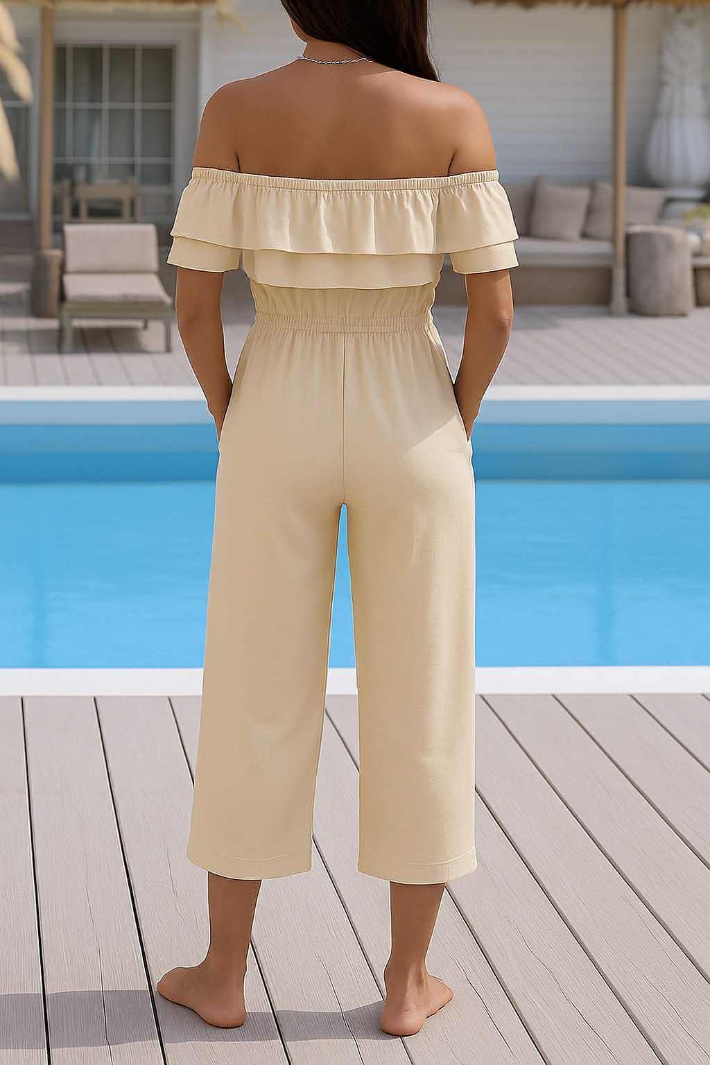 Carefree Coast Jumpsuit in soft yellow, off-shoulder style, perfect for laid-back summer days by the pool.