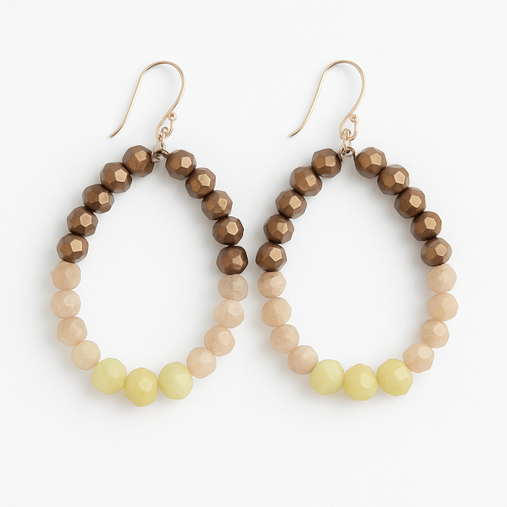 Cherish Beaded Teardrop Earrings with gold-plated hooks and shimmering brown and yellow beads, perfect for any occasion.