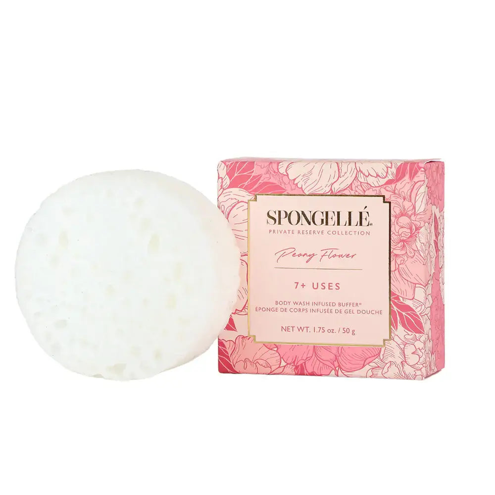 Spongellé Private Reserve Peony Flower body sponge and packaging, offering 7+ uses of luxurious cleansing experience.