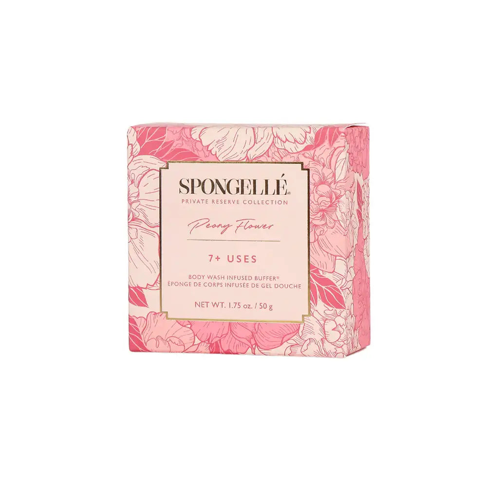 Spongellé Private Reserve Peony Flower body wash sponge with floral packaging, designed for 7+ uses and luxurious cleansing.