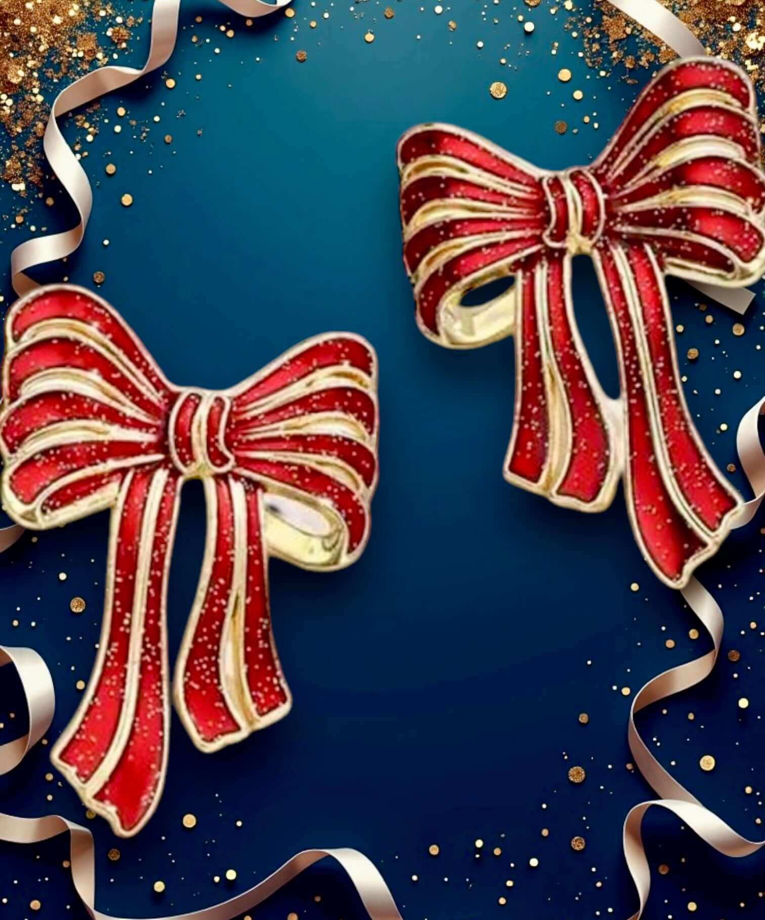 Festive red and gold bow earrings on a blue background, perfect for holiday elegance and style.