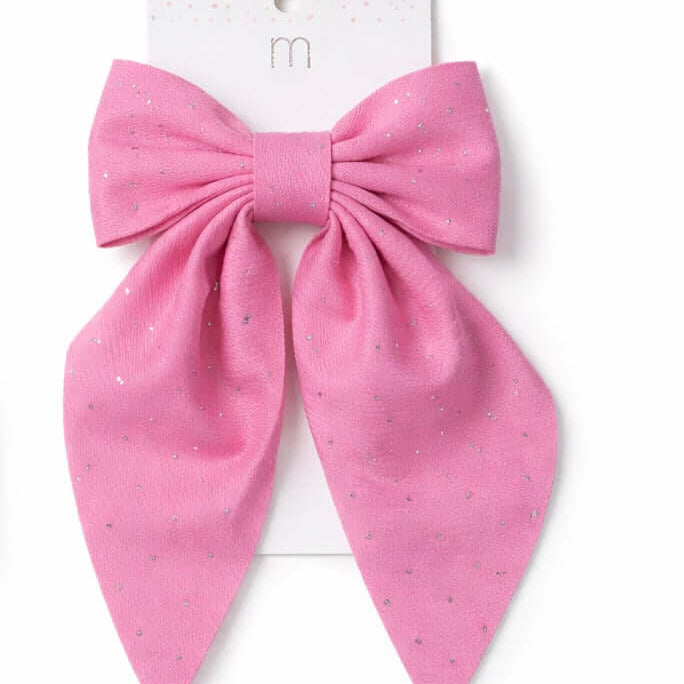 SUGAR SPARKLE HAIR BOWS (2 colors) in pink with sparkles and flowing tails, perfect for adding shimmer to hairstyles.