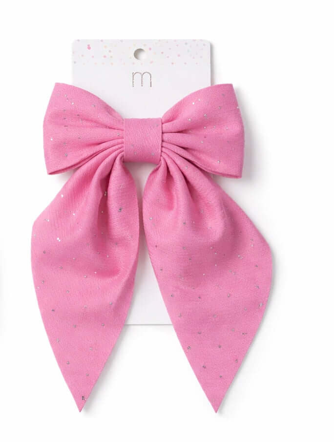 SUGAR SPARKLE HAIR BOWS (2 colors) in pink with sparkles and flowing tails, perfect for adding shimmer to hairstyles.