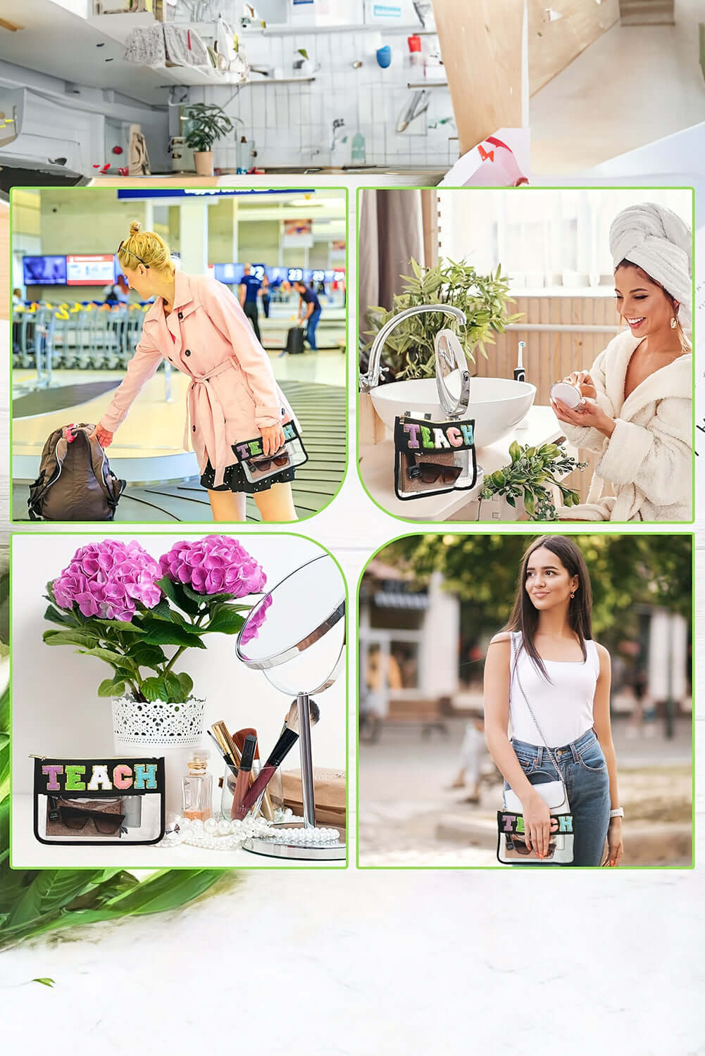 In My Teacher Era clear zipper pouch showcased in various stylish settings and uses.