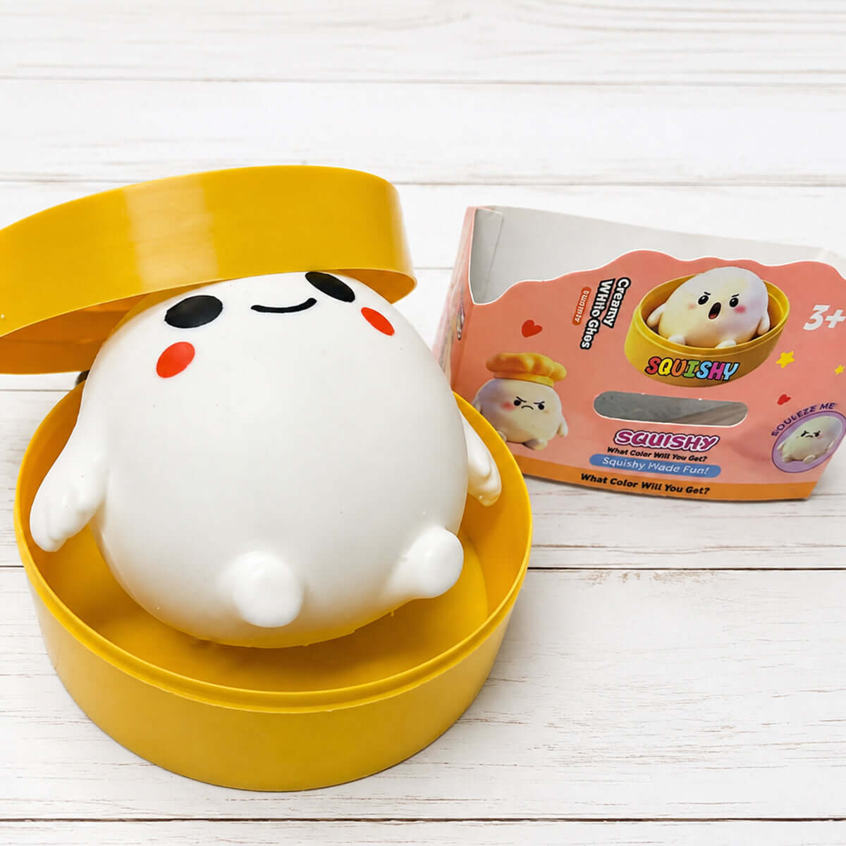 BOO GHOST DUMPLING squishy in a yellow container, featuring a cute ghost design with rosy cheeks.