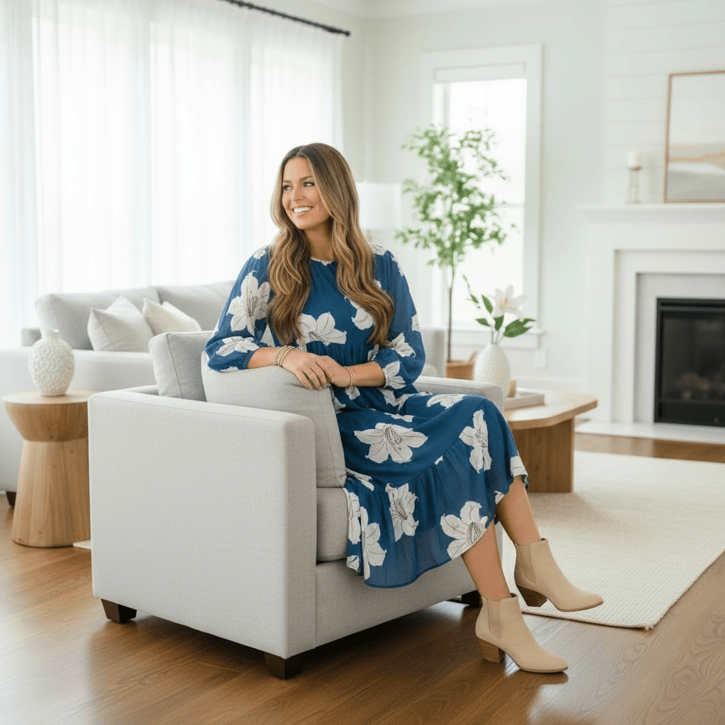 Model wearing BAYSHORE BEAUTY DRESS, sitting on a light gray sofa in a bright, stylish living room.