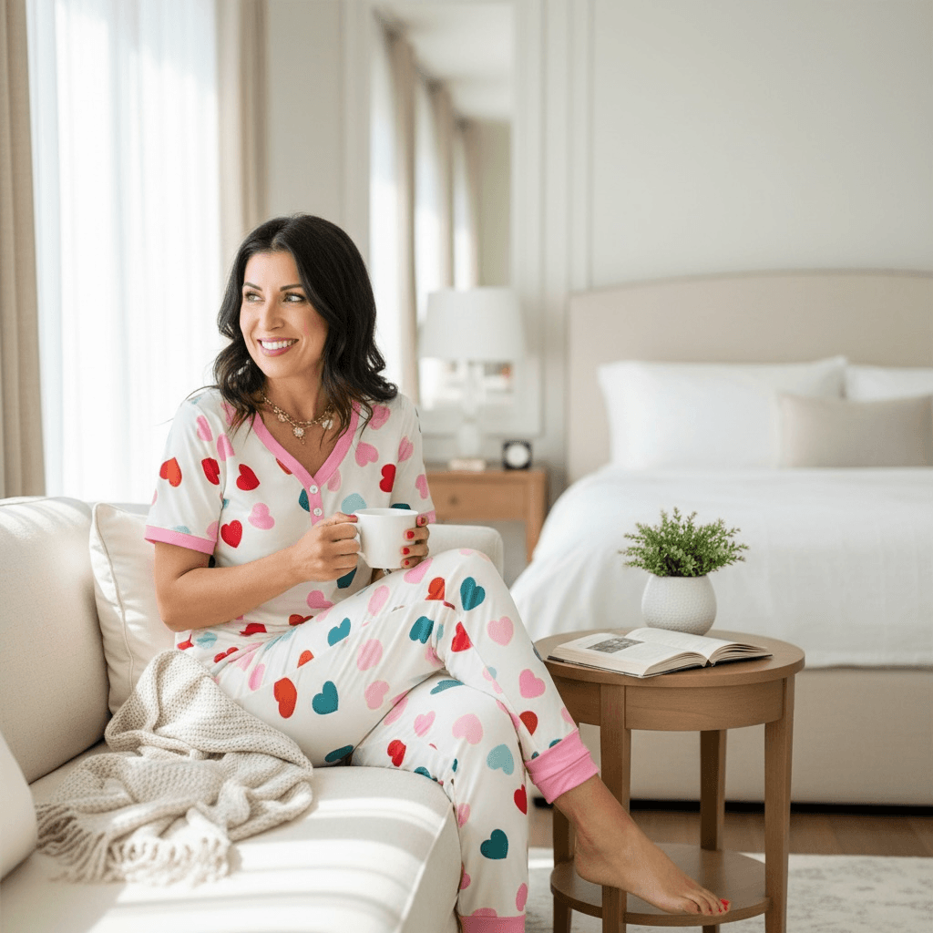 Woman in SWEET TALK PAJAMAS by Shirley & Stone, smiling and enjoying coffee on a cozy sofa.