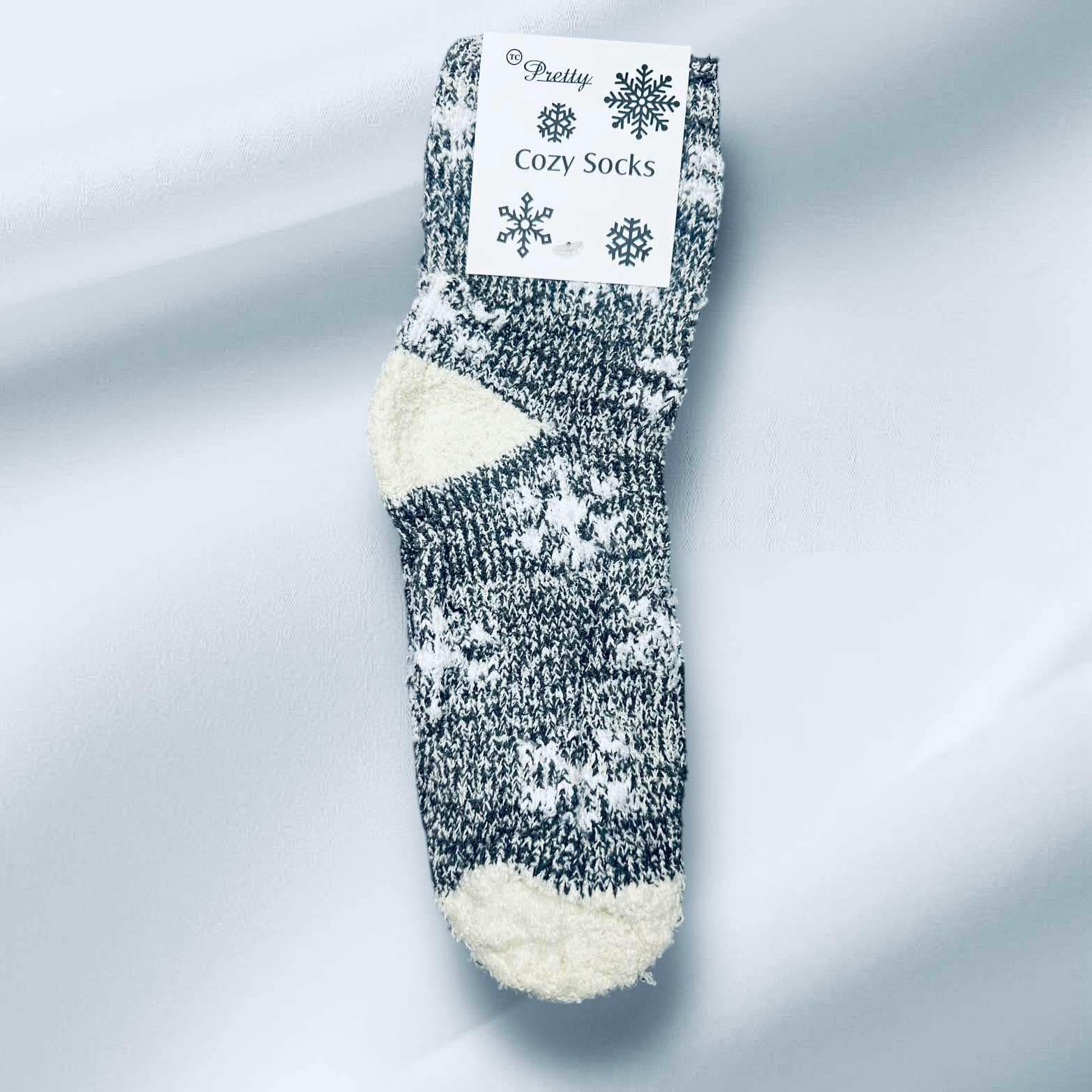 WINTER SNOWFLAKE Sherpa sock in gray with white snowflakes, soft and cozy for winter warmth by Pretty Cozy.