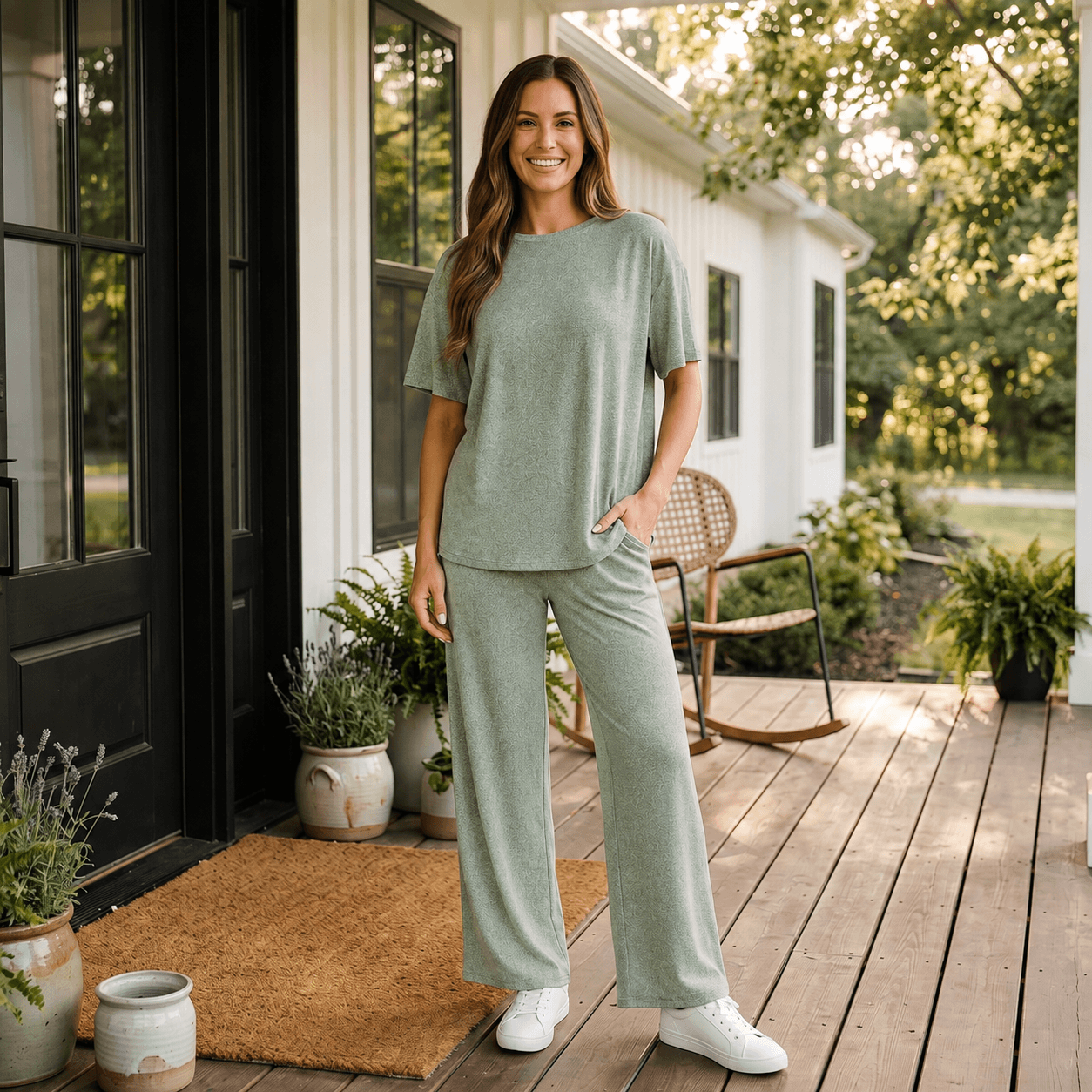 Woman wearing PEACEFUL PACE 2 Piece Set in heather jade, relaxed fit on porch with plants.