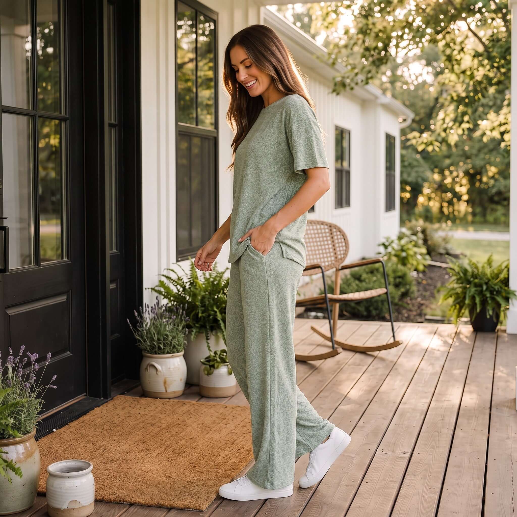 Woman smiling in PEACEFUL PACE 2 Piece Set, featuring soft green fabric and relaxed-fit design.