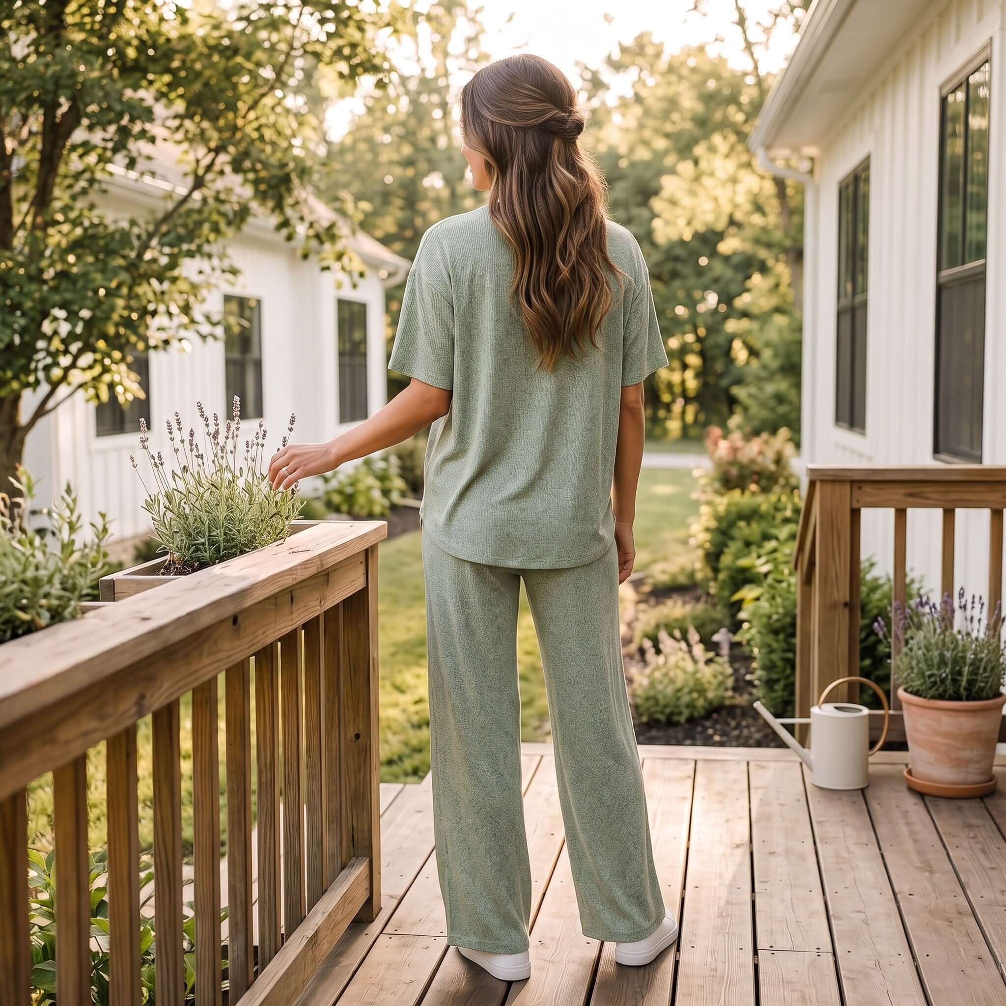 Woman in a serene setting wearing the PEACEFUL PACE 2 Piece Set, featuring a relaxed-fit top and long pants in heather jade.