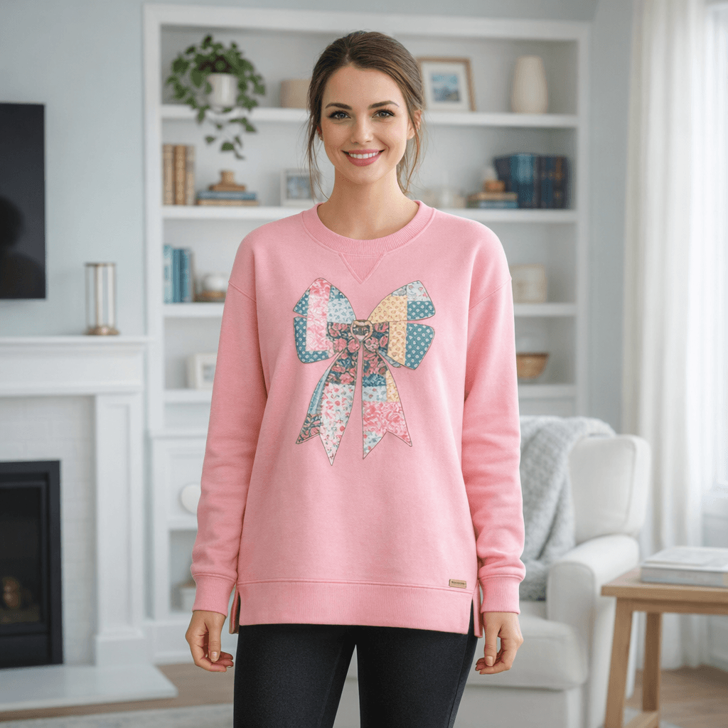 KATRINA BOW TOP by Simply Southern in soft pink with a colorful bow design, perfect for casual and stylish wear.