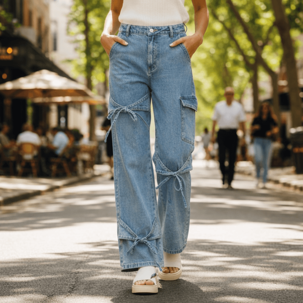 RIBBON ROUTE JEANS - BiBi featuring bow tie accents in a modern utility style, worn casually on a sunny street.