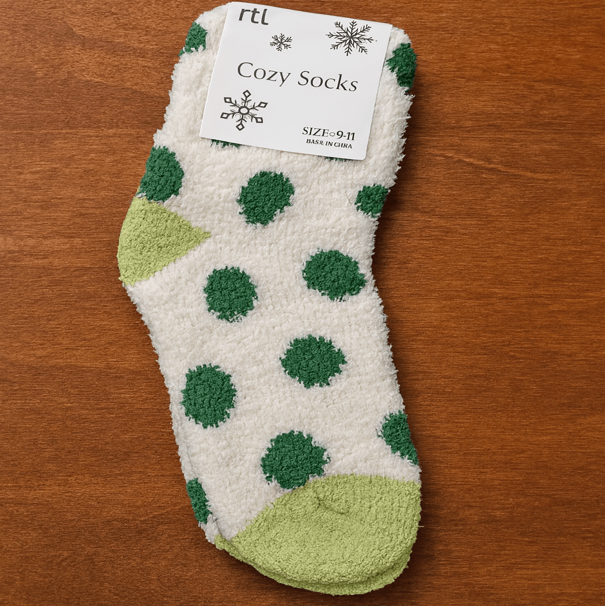 Snuggle Spot Socks with green polka dots on white, ultra-soft and cozy for ultimate comfort.