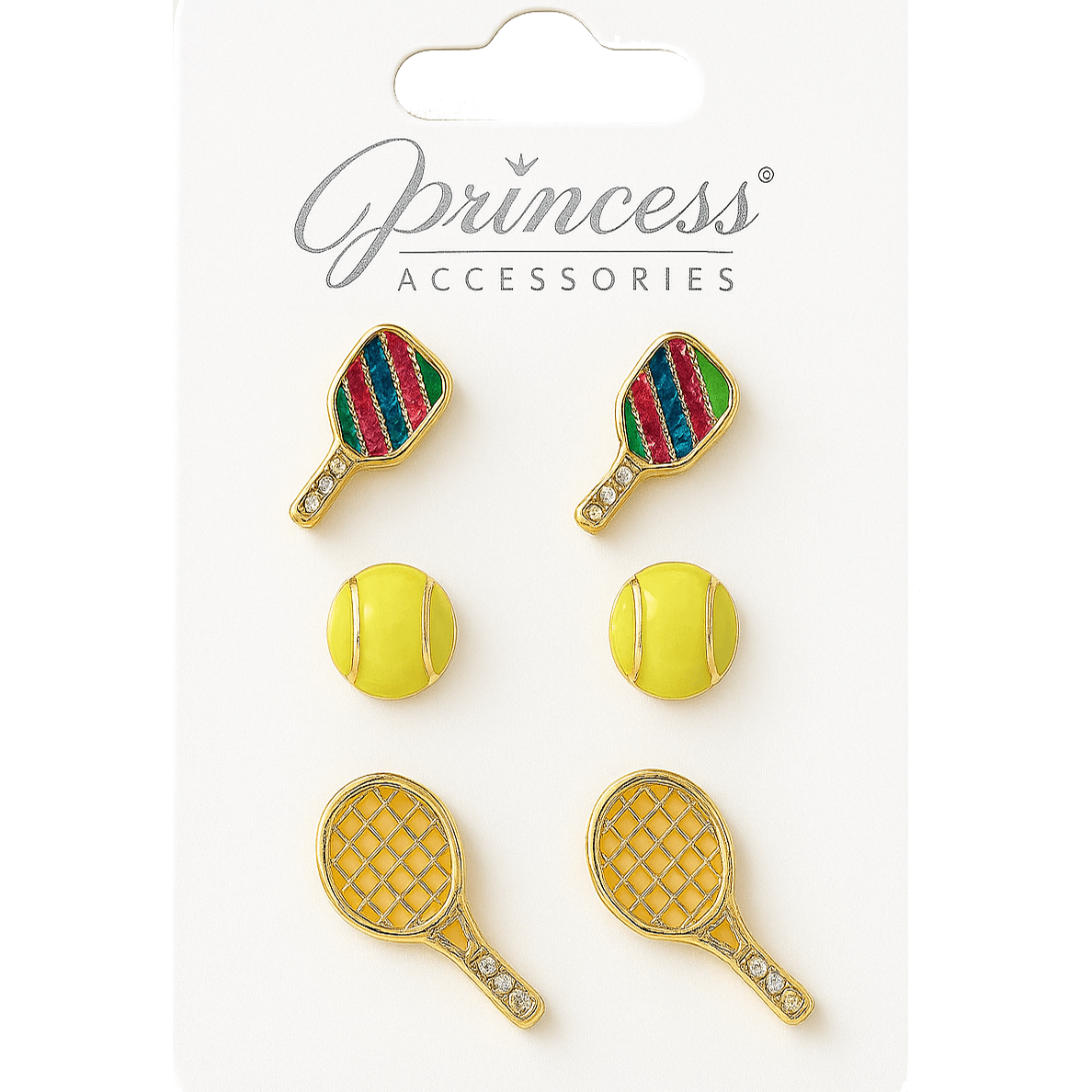 Match Point Earring Trio with pickleball and tennis ball studs in vibrant colors by Princess Accessories.